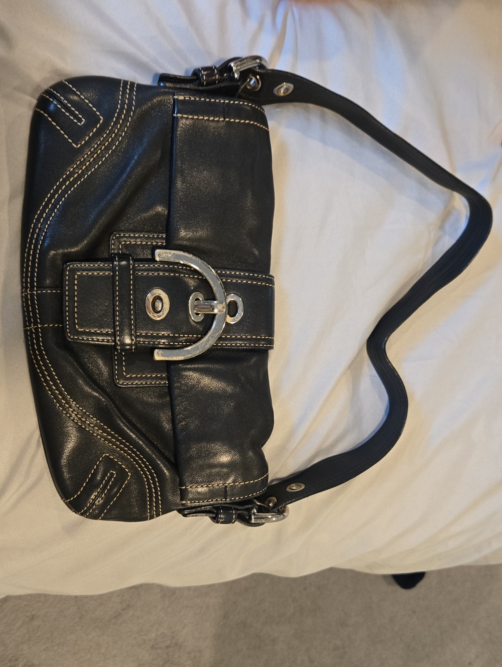 Coach Vintage Black Leather Shoulder Bag with Silver Buckle